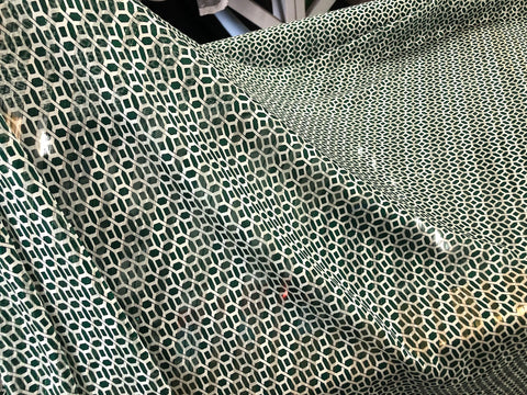 Green & White Geometric Print on Semi-Sheer Chiffon Satin, With Lurex Thread