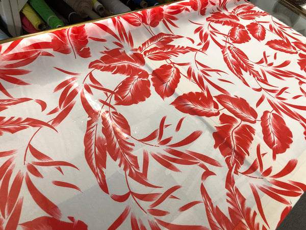 Red Banana Leaf Print on White Georgette