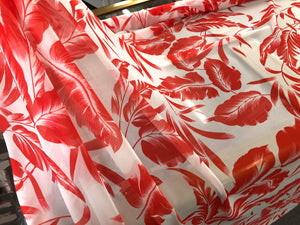 Red Banana Leaf Print on White Georgette