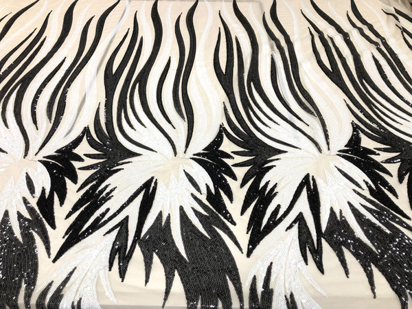 Black & White Sequin Flames on Tulle Net