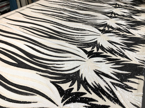 Black & White Sequin Flames on Tulle Net