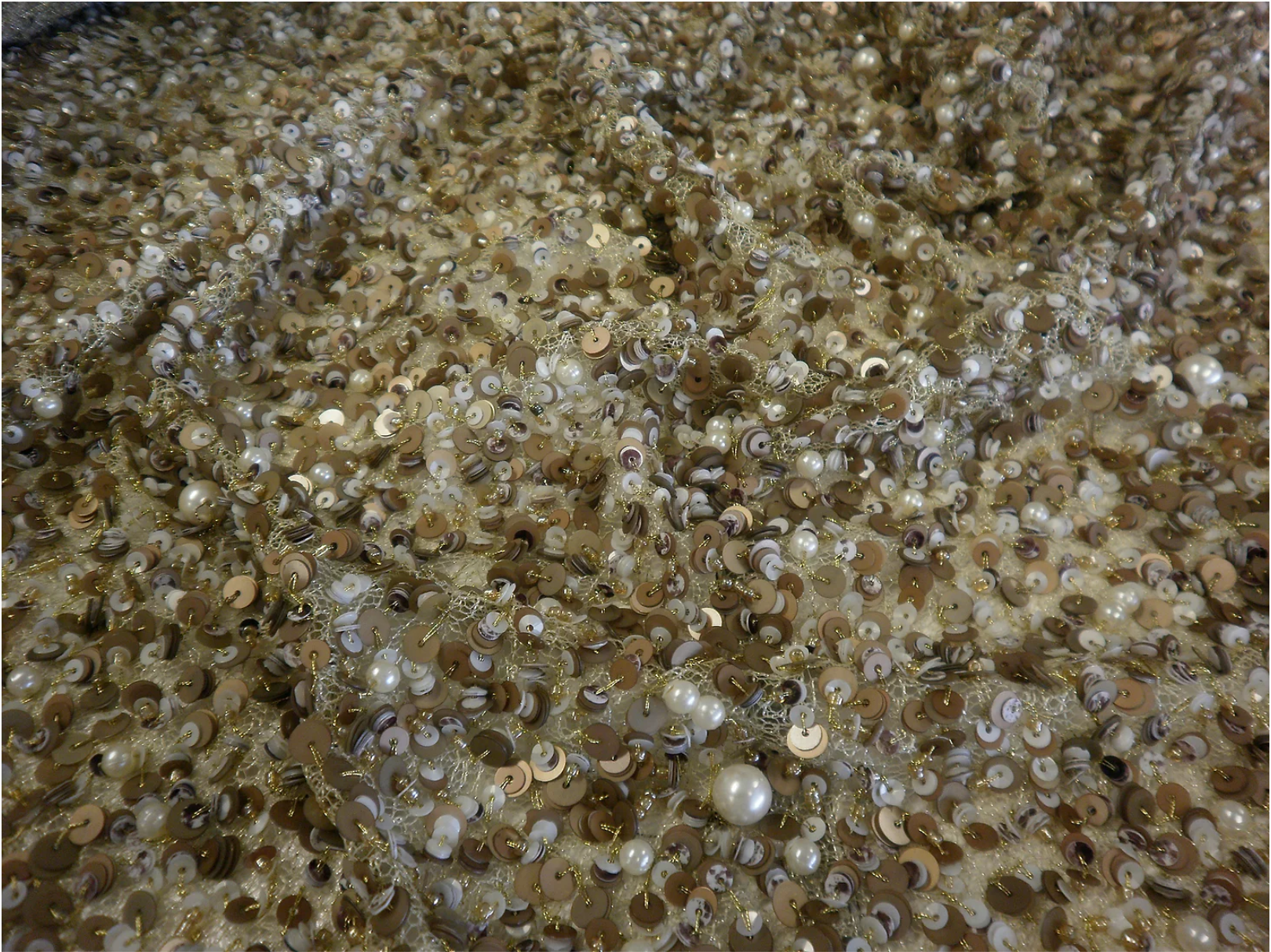 Sequins & Pearl Embellishment on Net, Old Gold