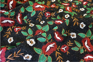 Embroidered Tweed, Red Bouquet on Black Lurex