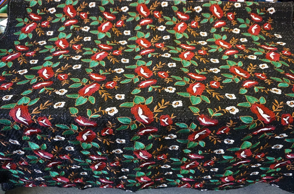 Embroidered Tweed, Red Bouquet on Black Lurex