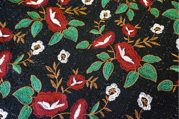 Embroidered Tweed, Red Bouquet on Black Lurex