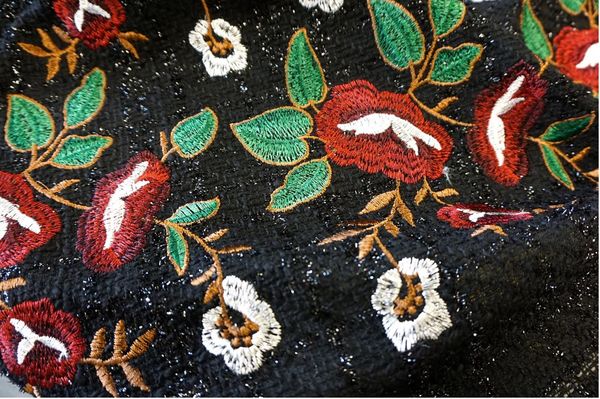 Embroidered Tweed, Red Bouquet on Black Lurex