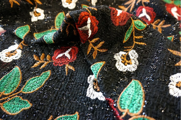 Embroidered Tweed, Red Bouquet on Black Lurex