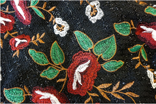 Embroidered Tweed, Red Bouquet on Black Lurex