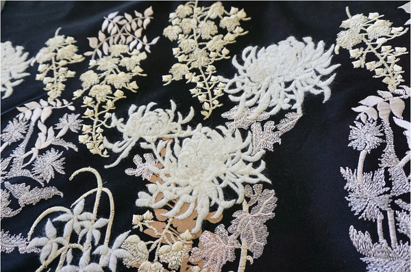LAST PIECE: 1.15 MT  Exquisite Embroidered and Printed Double Duchesse Satin, Black