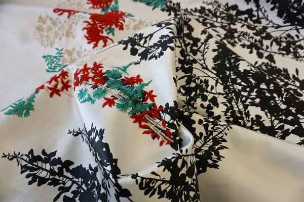 LAST PIECE: 1.3mt Exquisite Embroidered and Printed Double Duchesse Satin, White