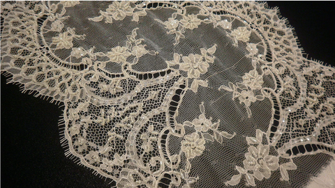 Hand beaded Chantilly Lace, Double Scallop Ivory