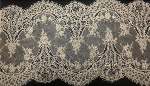 Hand beaded Chantilly Lace, Double Scallop Ivory