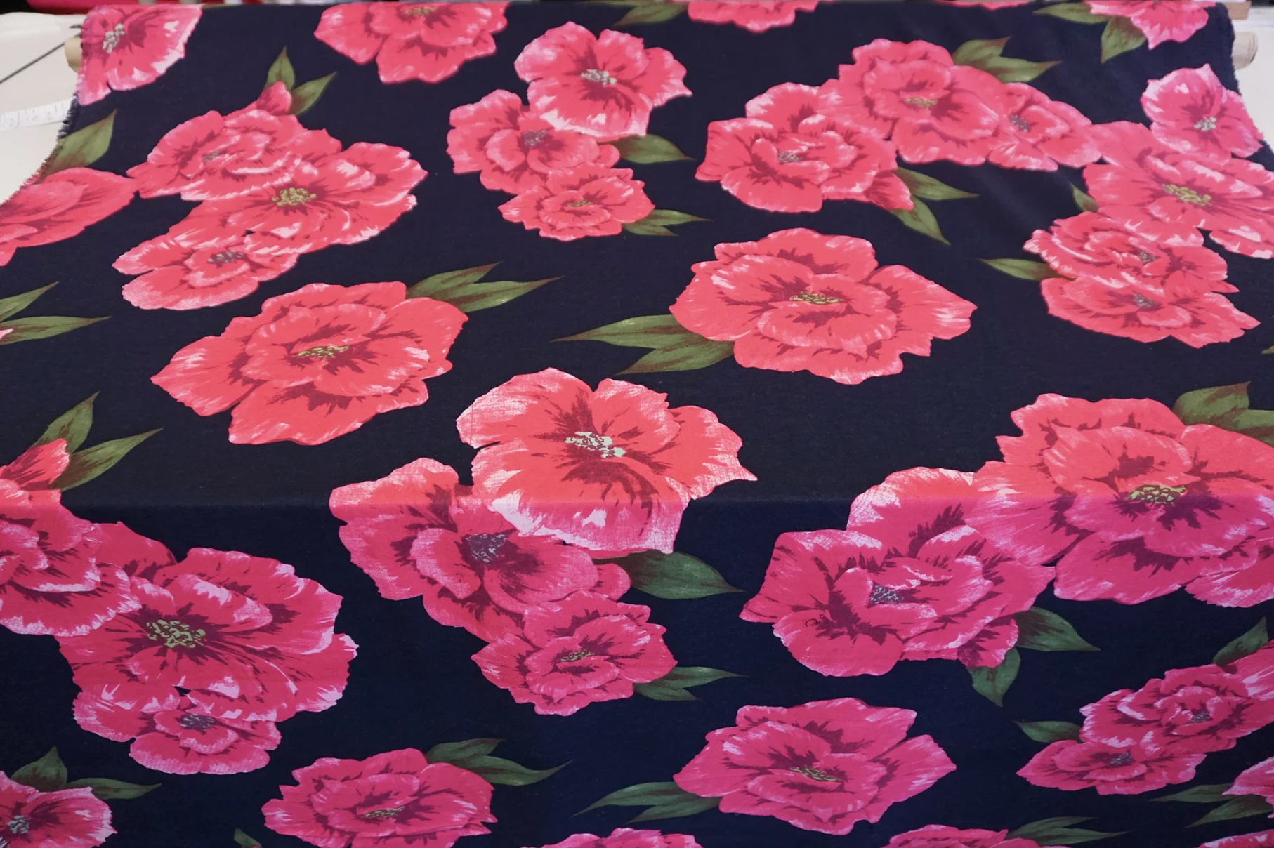 Large Pink Floral Print on Navy Cotton