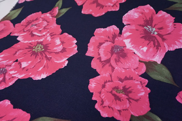 Large Pink Floral Print on Navy Cotton