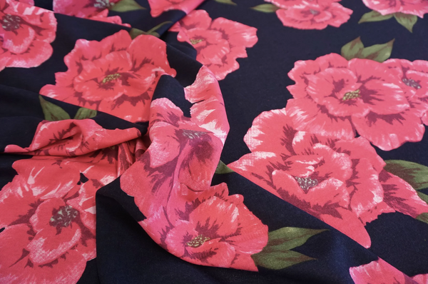 Large Pink Floral Print on Navy Cotton