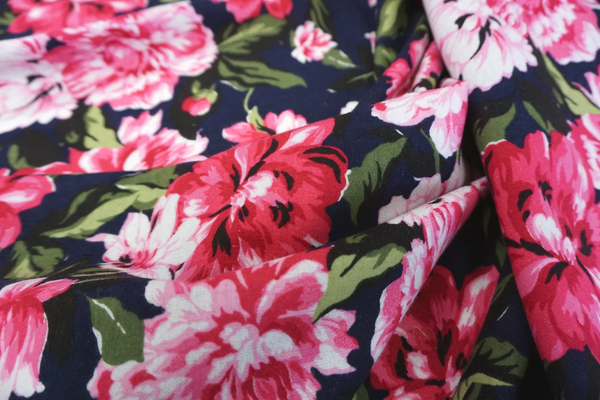 Pink Peonies Print on Navy Cotton