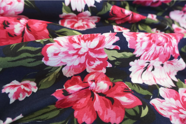 Pink Peonies Print on Navy Cotton