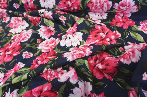 Pink Peonies Print on Navy Cotton