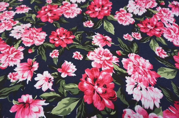 Pink Peonies Print on Navy Cotton