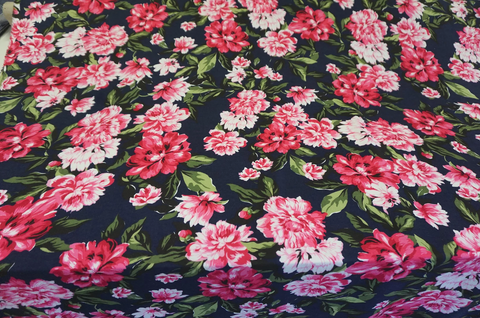 Pink Peonies Print on Navy Cotton