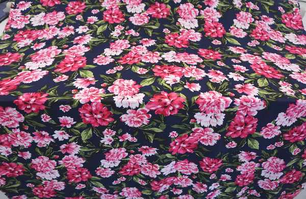 Pink Peonies Print on Navy Cotton