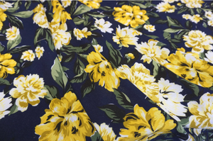 Yellow Peonies Print on Navy Cotton