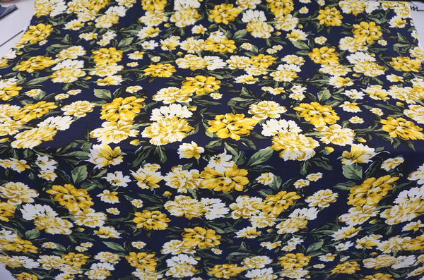 Yellow Peonies Print on Navy Cotton