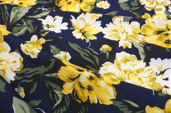 Yellow Peonies Print on Navy Cotton