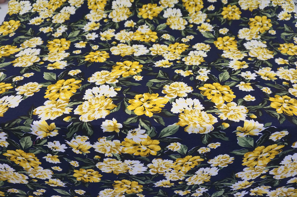 Yellow Peonies Print on Navy Cotton