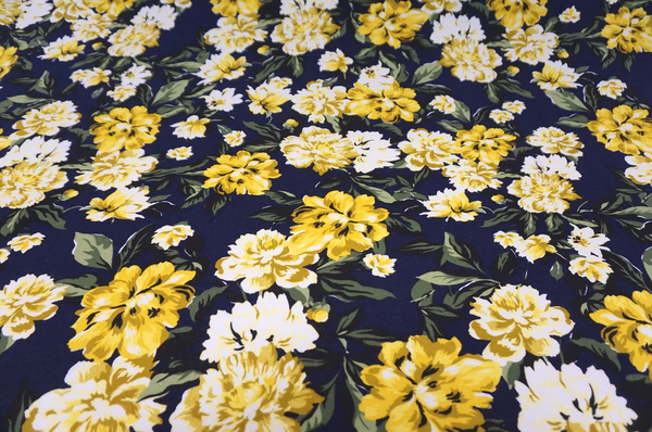 Yellow Peonies Print on Navy Cotton