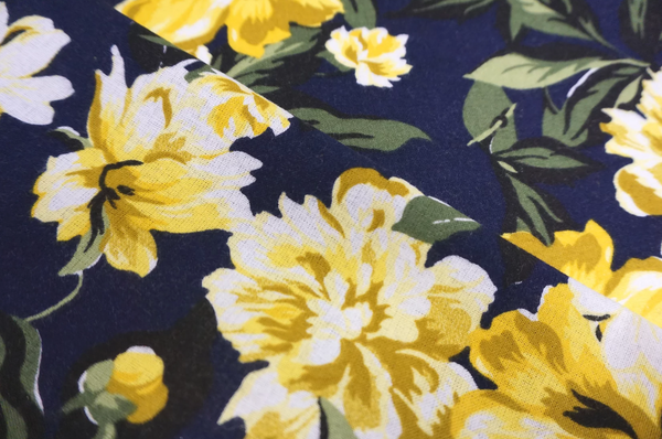 Yellow Peonies Print on Navy Cotton