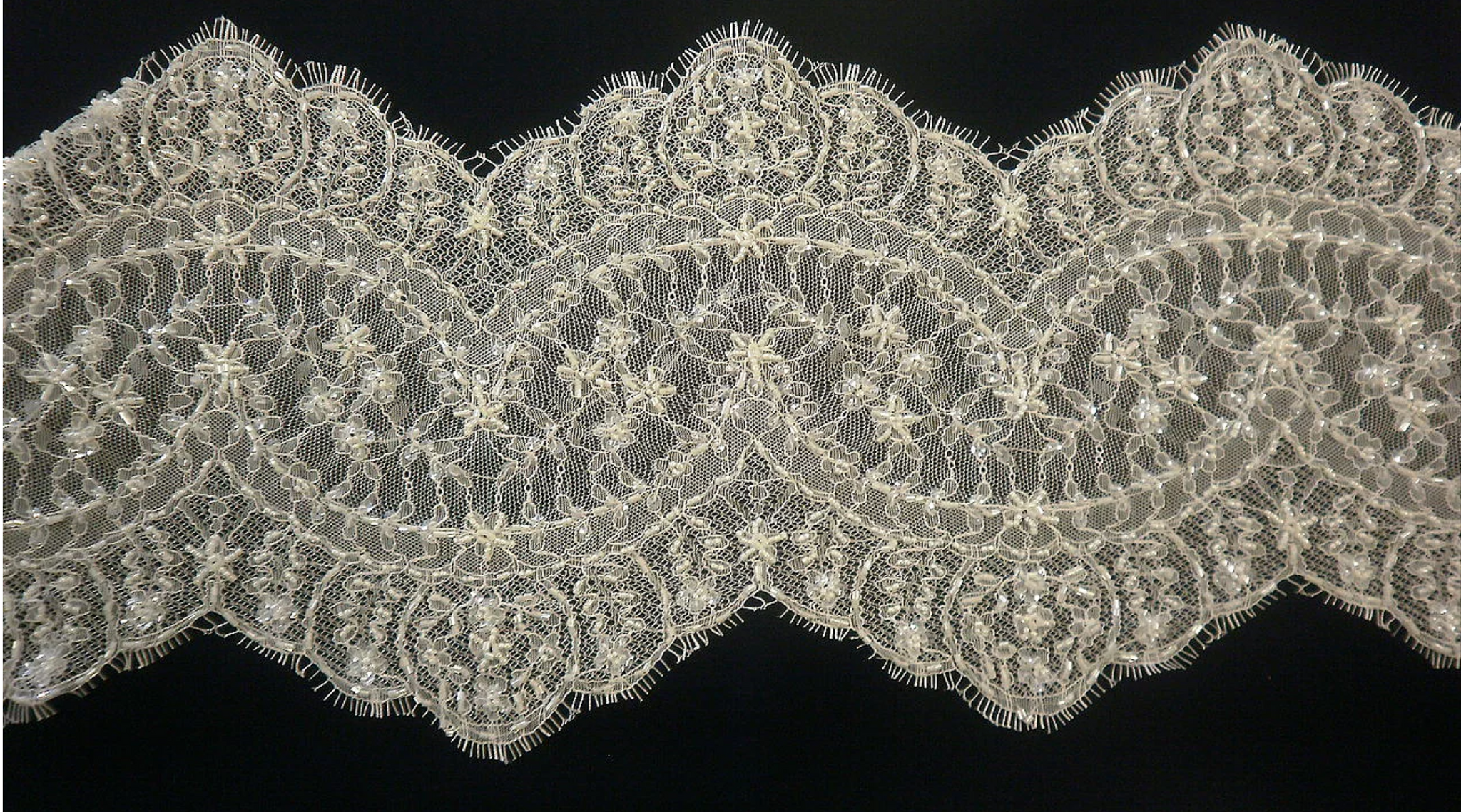 Double Scalloped Glass Beaded Lace Trim, Ivory