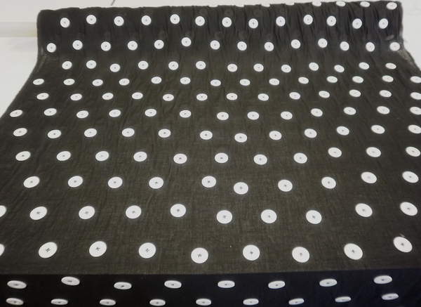 Large White Appliquéd Buttons on Black Voile