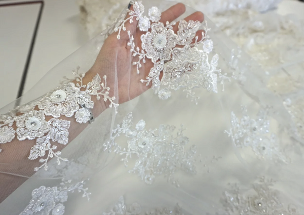 Scalloped Ivory Embroidered Tulle