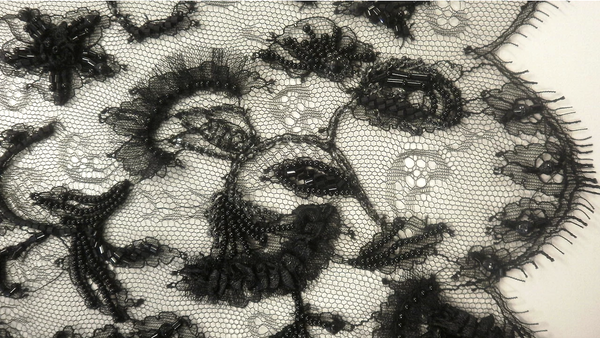French Chantilly Lace, Embroidered Noir