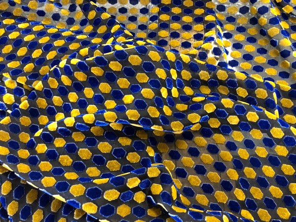 Blue & Yellow Hexagon Velvet Devorè
